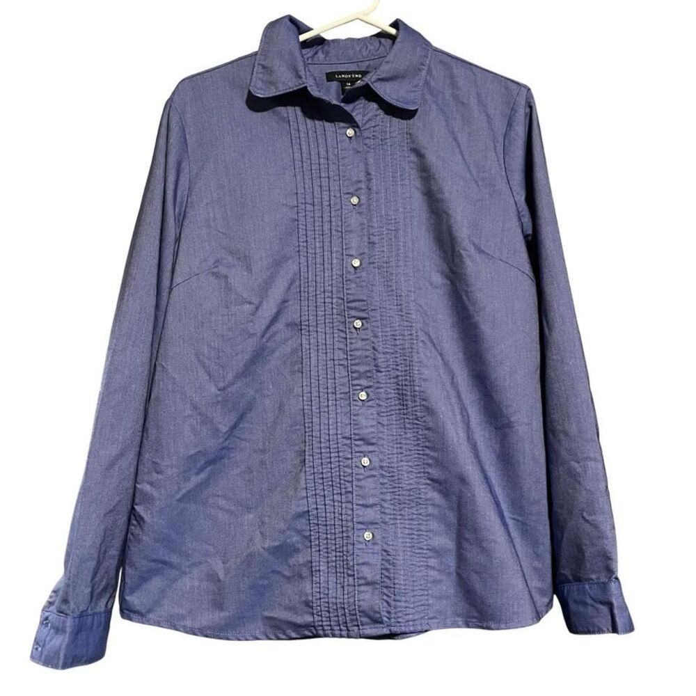 Lands End Womens Blue Pleated Front Button Down Oxford Shirt Size 14 Long Sleeve